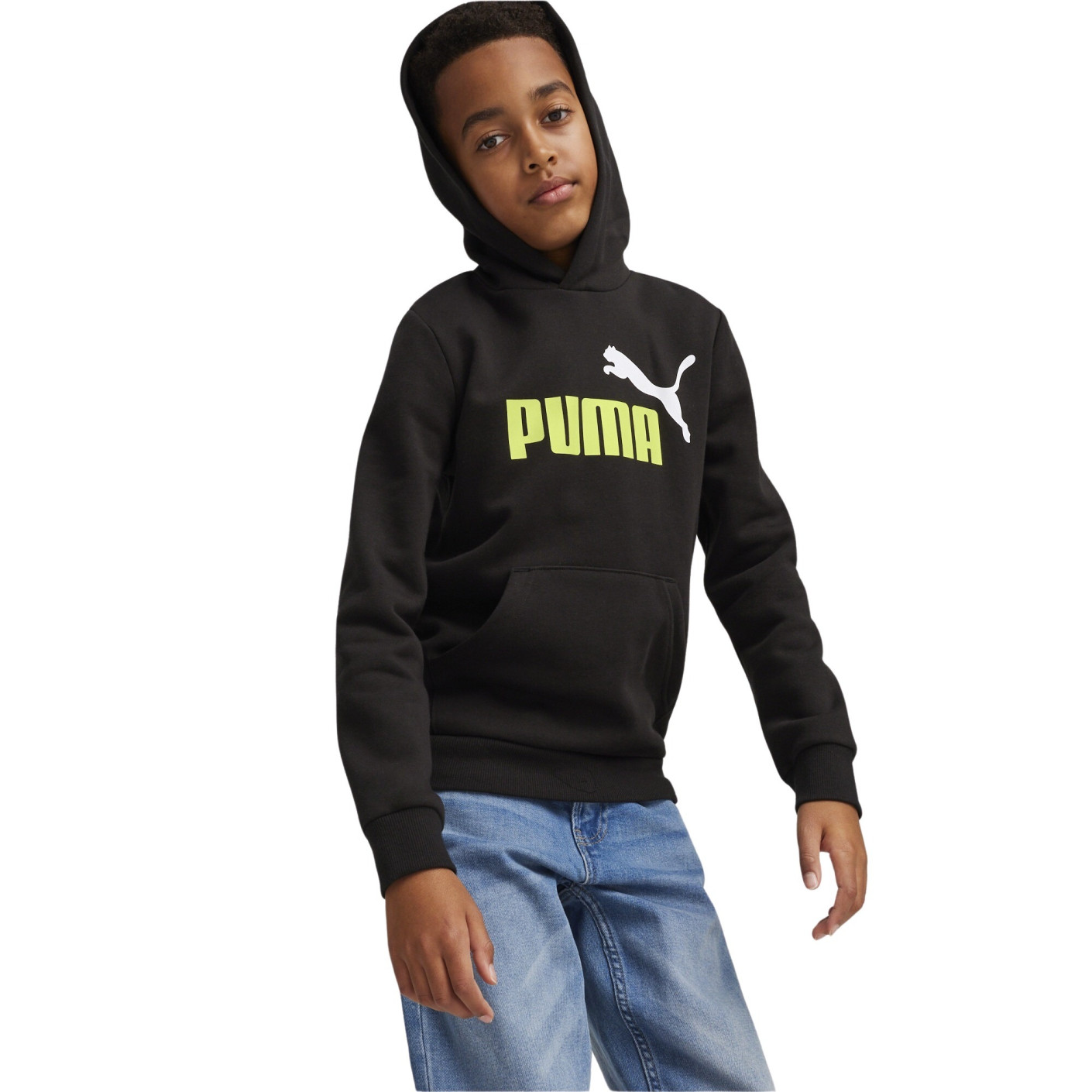 PUMA Essentials+ 2 College Big Logo Fleece Sweat à Capuche Enfants Noir Vert Clair Blanc