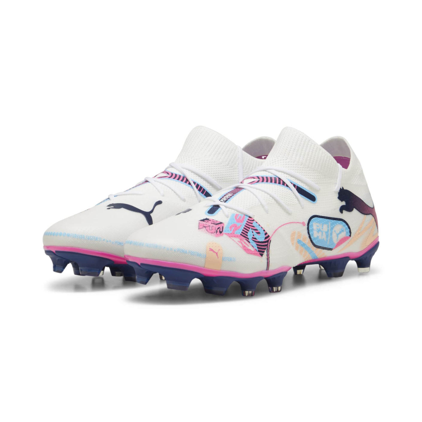 PUMA Future 7 Match Gazon Naturel Gazon Artificiel Chaussures de Foot (MG) Blanc Bleu Rose