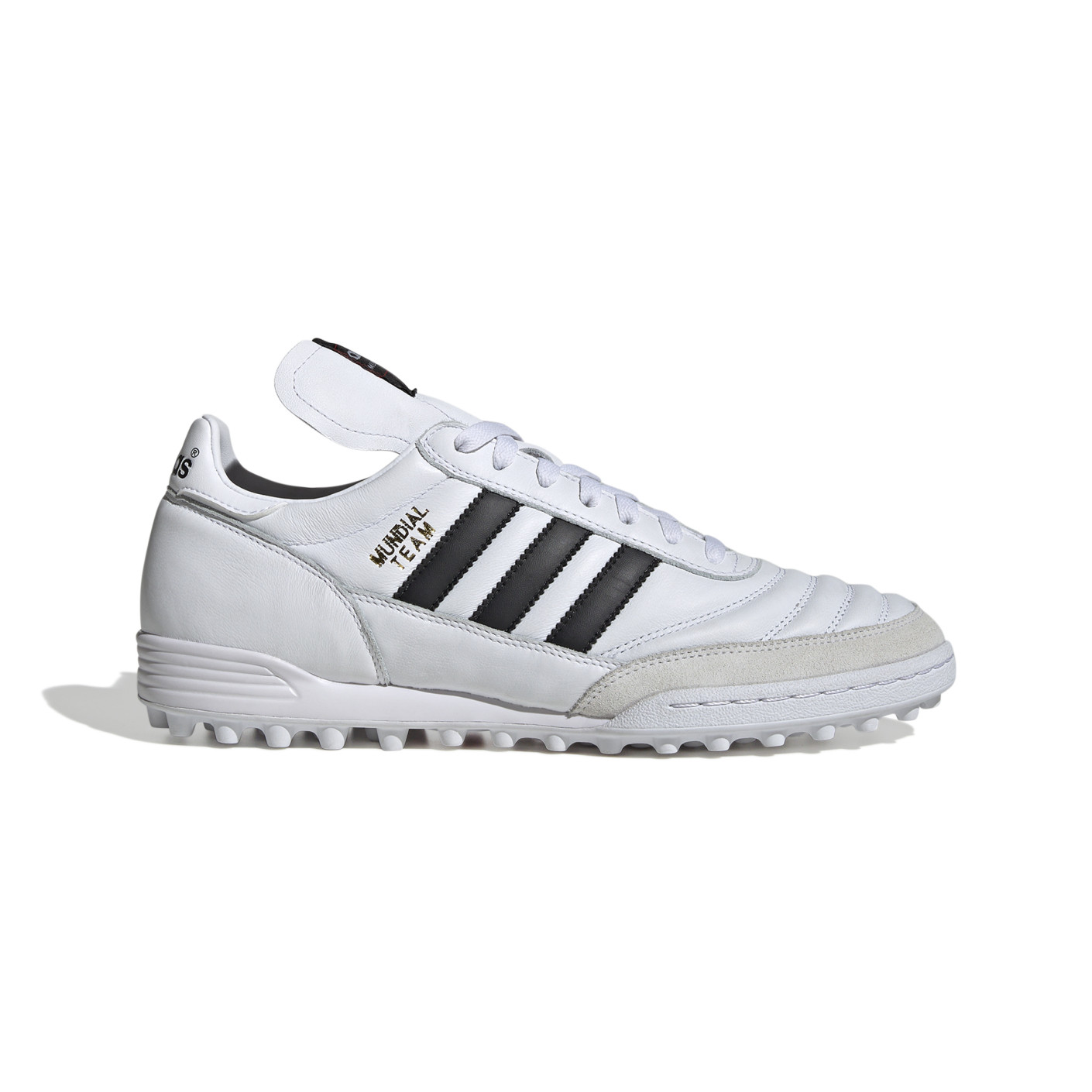 Chaussures de football Adidas Mundial Team Turf (TF) blanches, noires et dorées