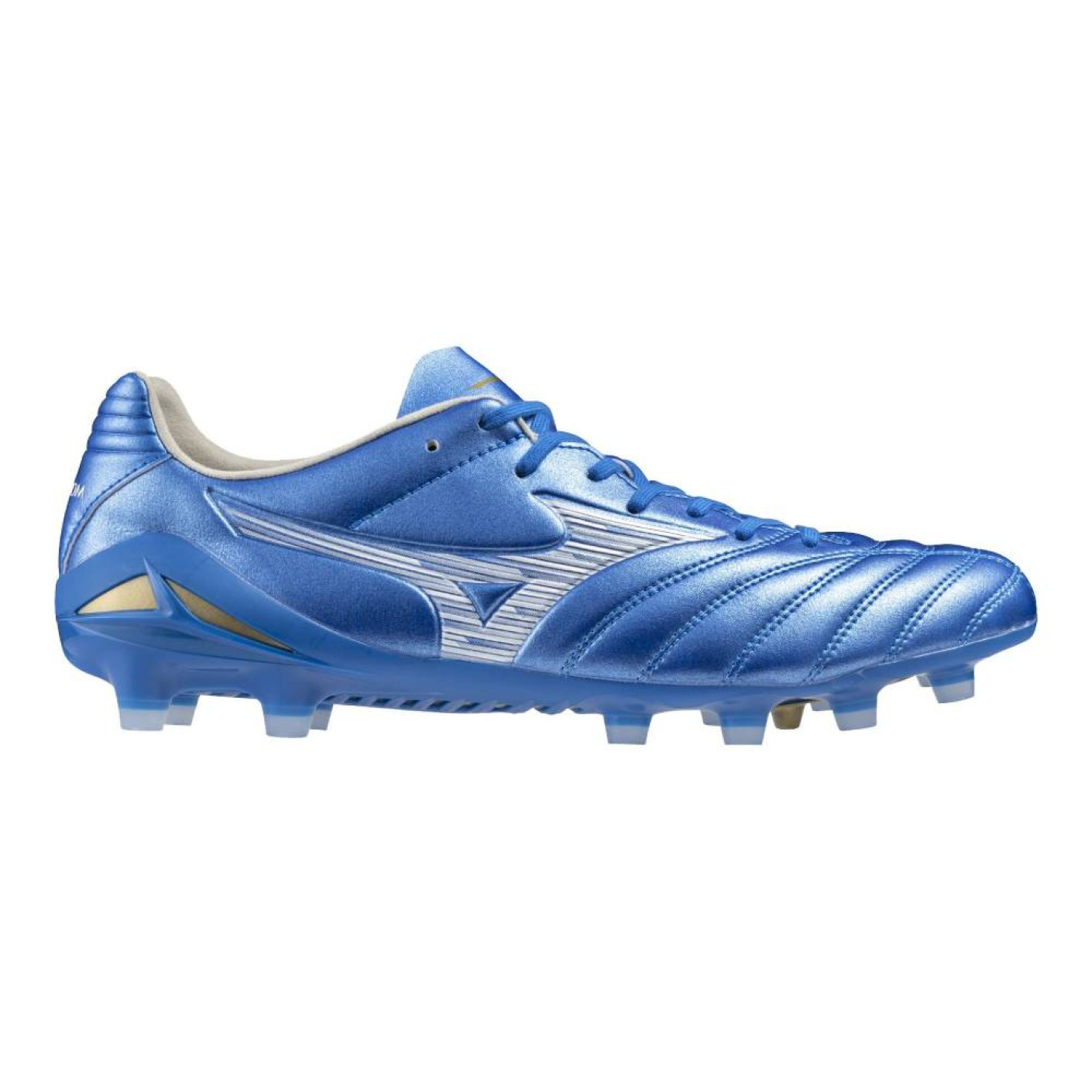 Mizuno Monarcida Neo III Pro Gazon Naturel Chaussures de Foot (FG) Bleu Blanc Doré