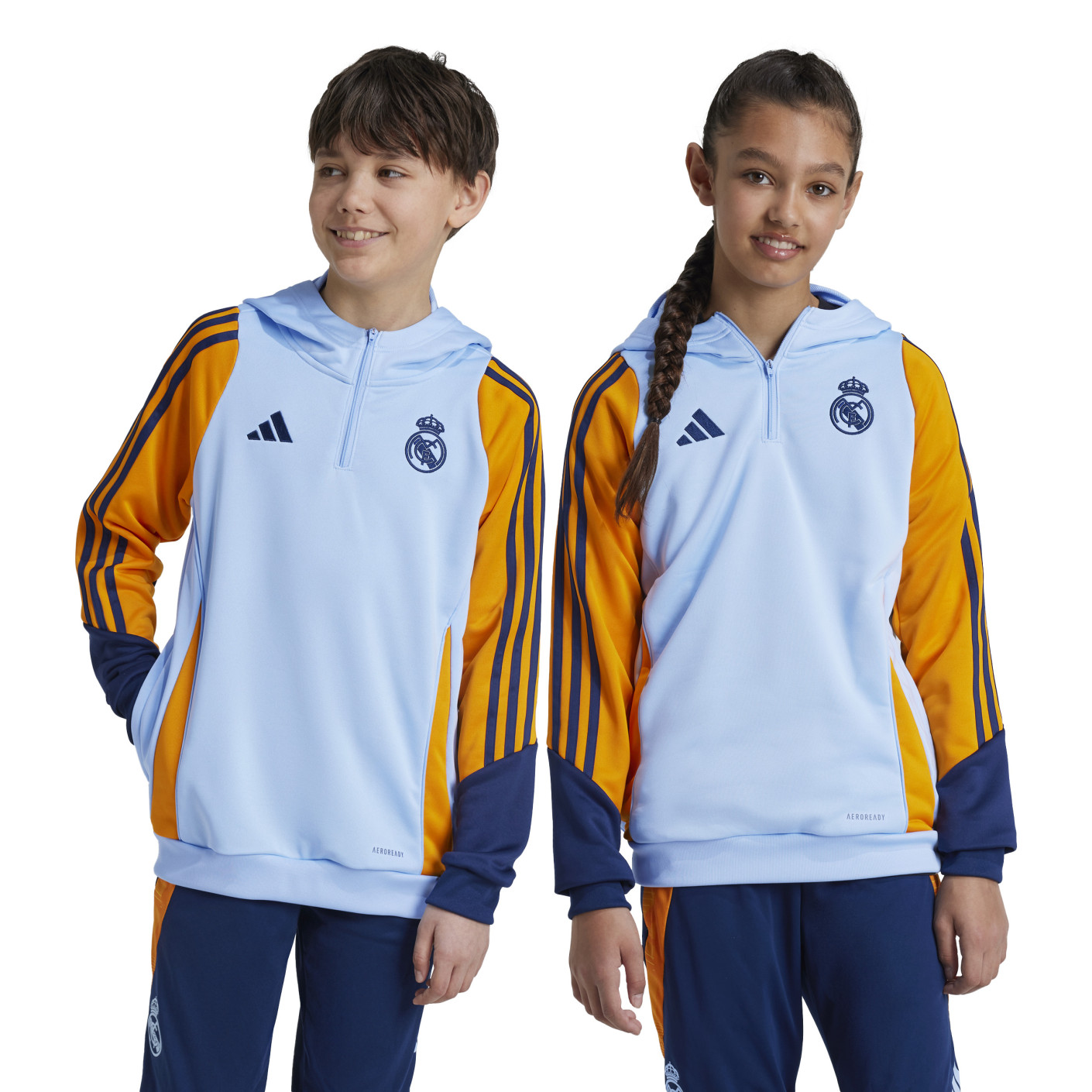 adidas Real Madrid Track Sweat à Capuche 2024-2025 Enfants Bleu Clair Jaune Bleu Foncé