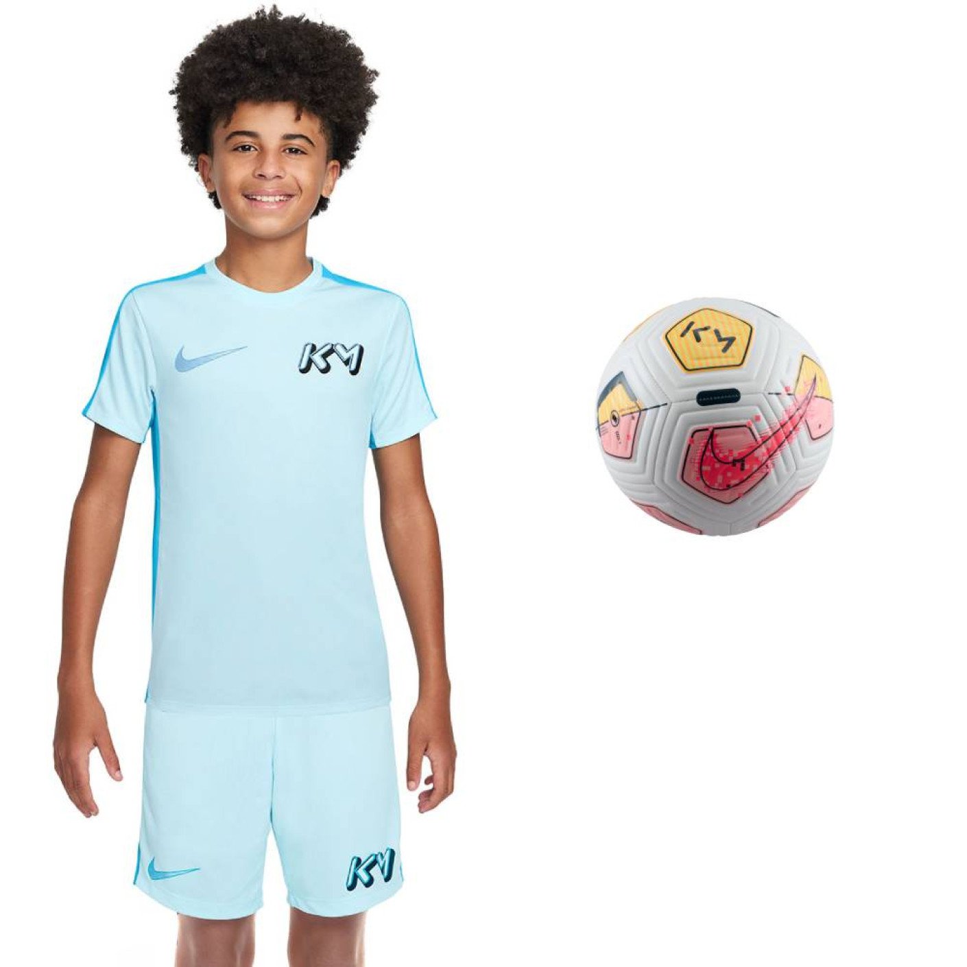 Nike Kylian Mbappé Pack Enfants Ensemble Training et Ballon de Foot Bleu Clair Blanc