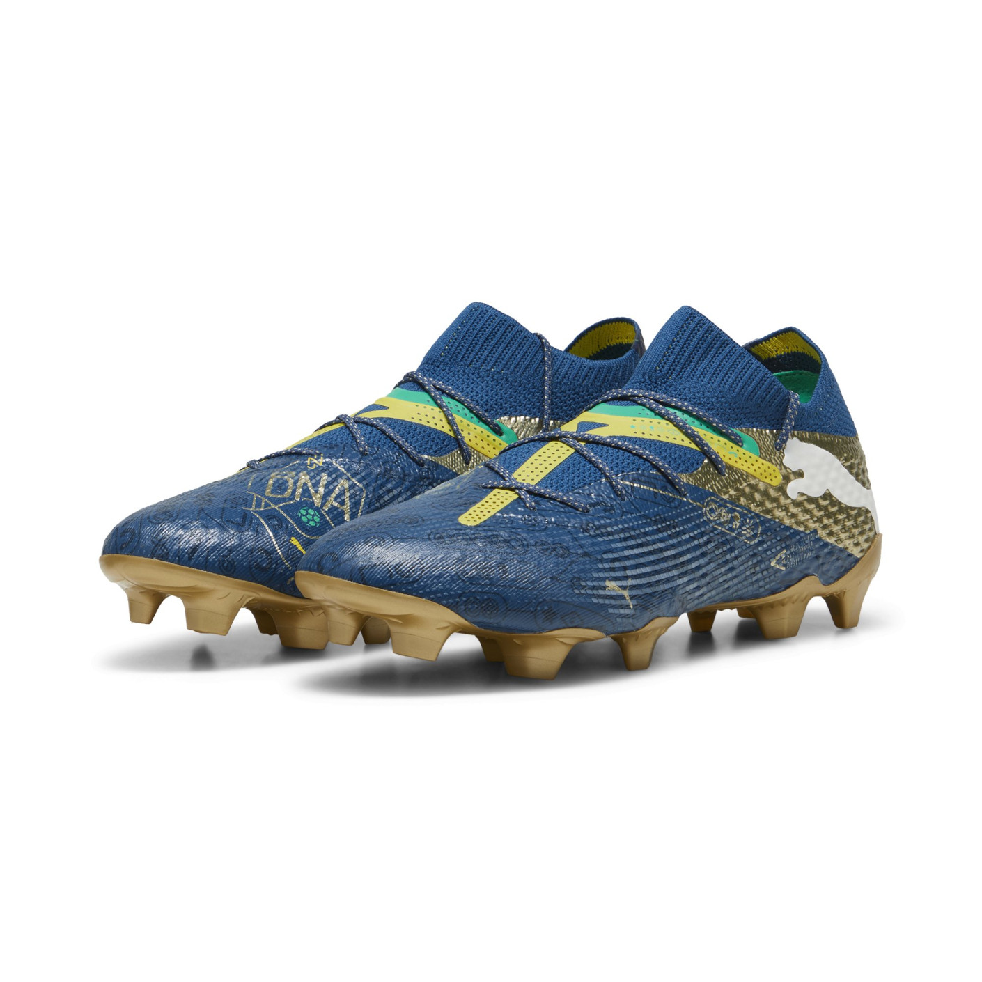 PUMA Future 7 Ultimate BNA Gazon Naturel Gazon Artificiel Chaussures de Foot (MG) Bleu Foncé Doré Jaune