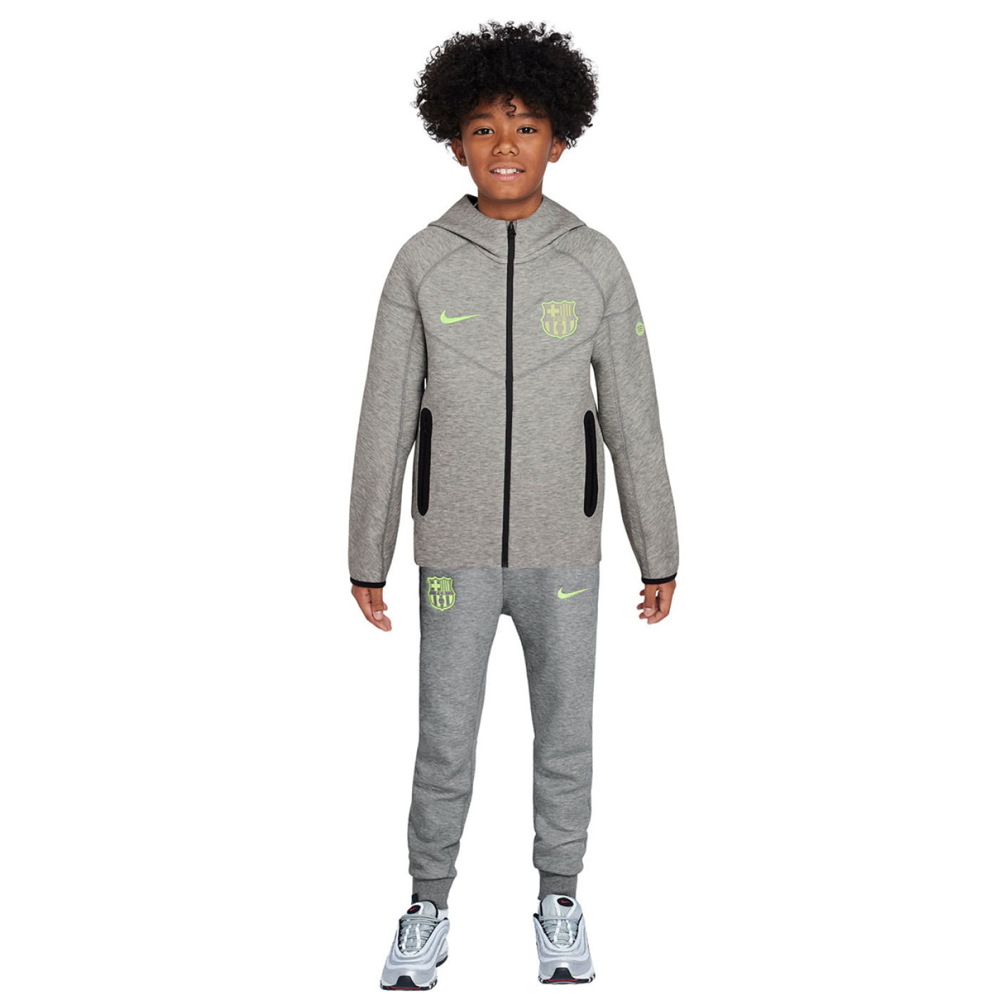 Nike FC Barcelona Tech Fleece Trainingspak 2024-2025 Kids Grijs Lichtgroen