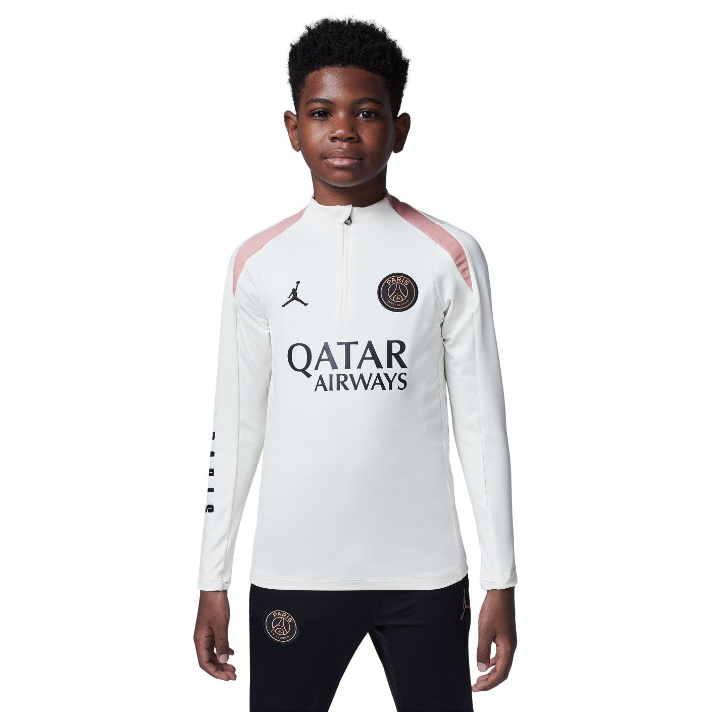 Nike Paris Saint-Germain x Jordan Strike Haut d'Entraînement 1/4-Zip 2024-2025 Enfants Blanc Cassé Rose Noir