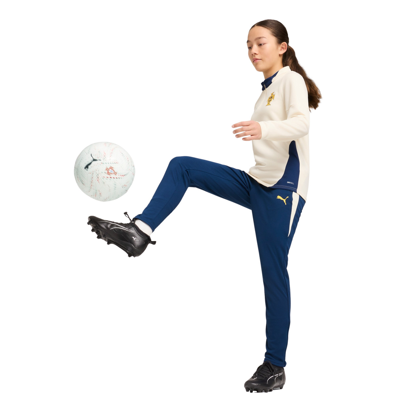 PUMA Portugal Survêtement 1/4-Zip 2025-2026 Enfants Blanc Cassé Bleu Foncé Jaune