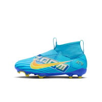 Nike Zoom Mercurial Superfly 9 Mbappé Academy Gazon Naturel Artificiel Chaussures de Foot (MG) Enfants Bleu Clair Jaune Orange