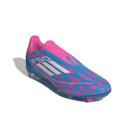 adidas F50 League Sans Lacets Gazon Naturel Chaussures de Foot (FG) Bleu Rose Blanc