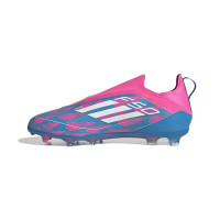 adidas F50 Pro Sans Lacets Gazon Naturel Chaussures de Foot (FG) Enfants Bleu Rose Blanc