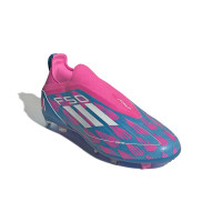 adidas F50 Pro Sans Lacets Gazon Naturel Chaussures de Foot (FG) Enfants Bleu Rose Blanc