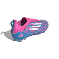 adidas F50 Pro Sans Lacets Gazon Naturel Chaussures de Foot (FG) Enfants Bleu Rose Blanc