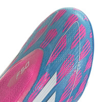 adidas F50 Pro Sans Lacets Gazon Naturel Chaussures de Foot (FG) Enfants Bleu Rose Blanc