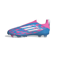 adidas F50 League Sans Lacets Gazon Naturel Chaussures de Foot (FG) Enfants Bleu Rose Blanc