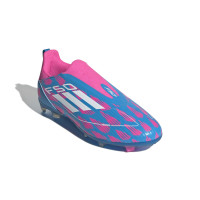 adidas F50 League Sans Lacets Gazon Naturel Chaussures de Foot (FG) Enfants Bleu Rose Blanc