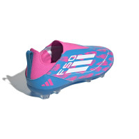 adidas F50 League Sans Lacets Gazon Naturel Chaussures de Foot (FG) Enfants Bleu Rose Blanc