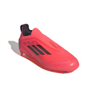 adidas F50 Pro Sans Lacets Gazon Naturel Chaussures de Foot (FG) Enfants Rouge Vif Noir Argenté