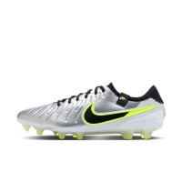 Nike Tiempo Legend 10 Elite Gazon Naturel Chaussures de Foot (FG) Argenté Noir Néon Jaune