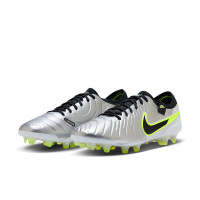 Nike Tiempo Legend 10 Elite Gazon Naturel Chaussures de Foot (FG) Argenté Noir Néon Jaune